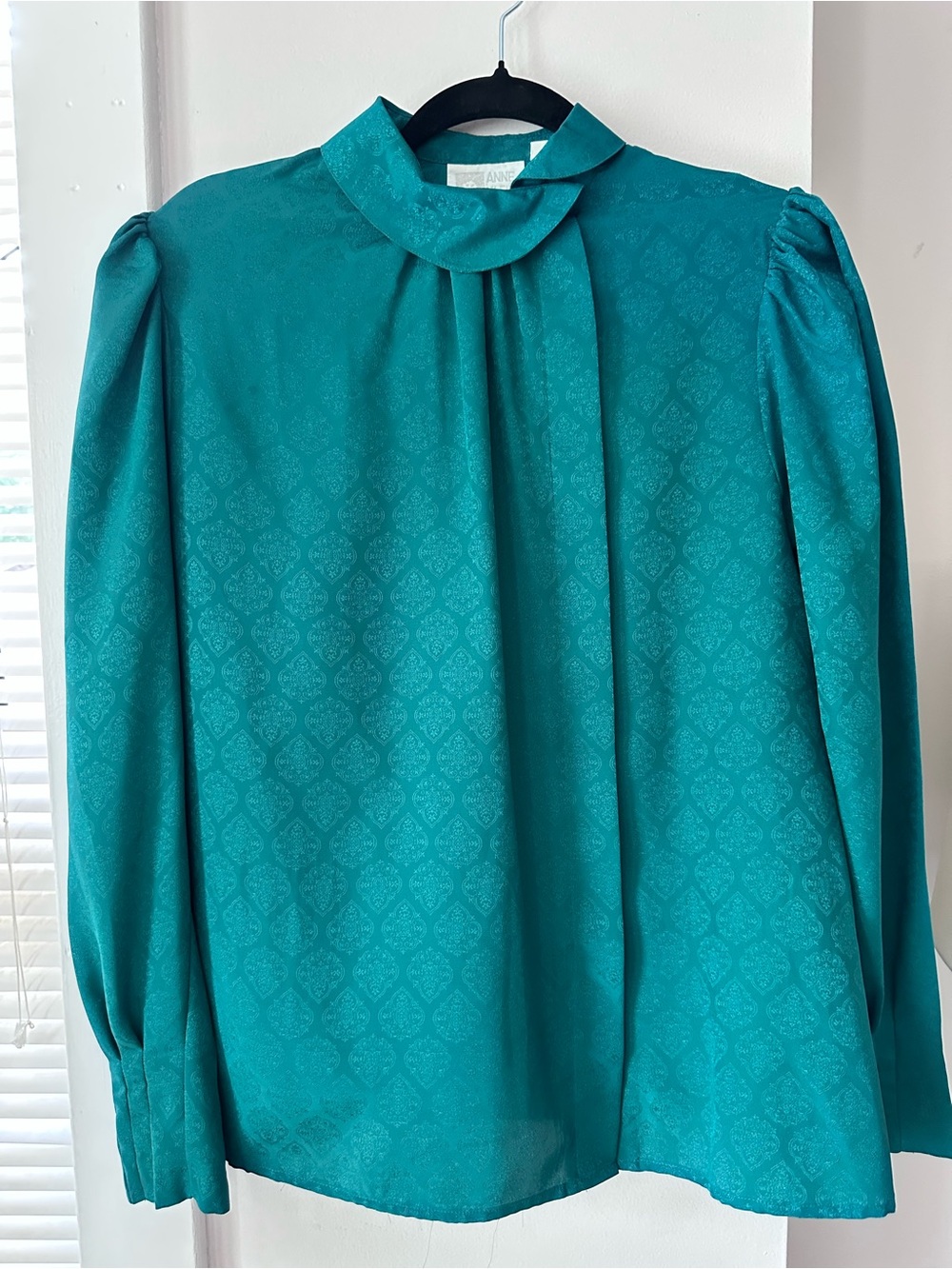 Vintage Anne Klein Emerald Green Jacquard High Neck Blouse Long Sleeve Size 8